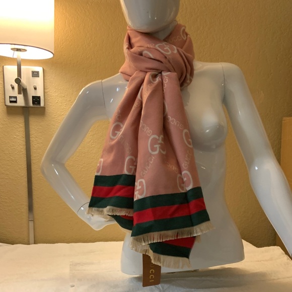 Gucci Pink Scarf with Green and Red Stripes - Picture 1 of 1